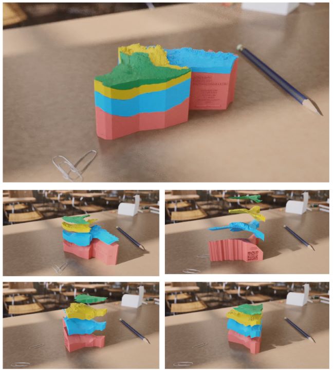 In a screen grab from an animation, four colour-coded layers of a 3D-printed model of southern Ontario’s geology are shown floating one above the other.